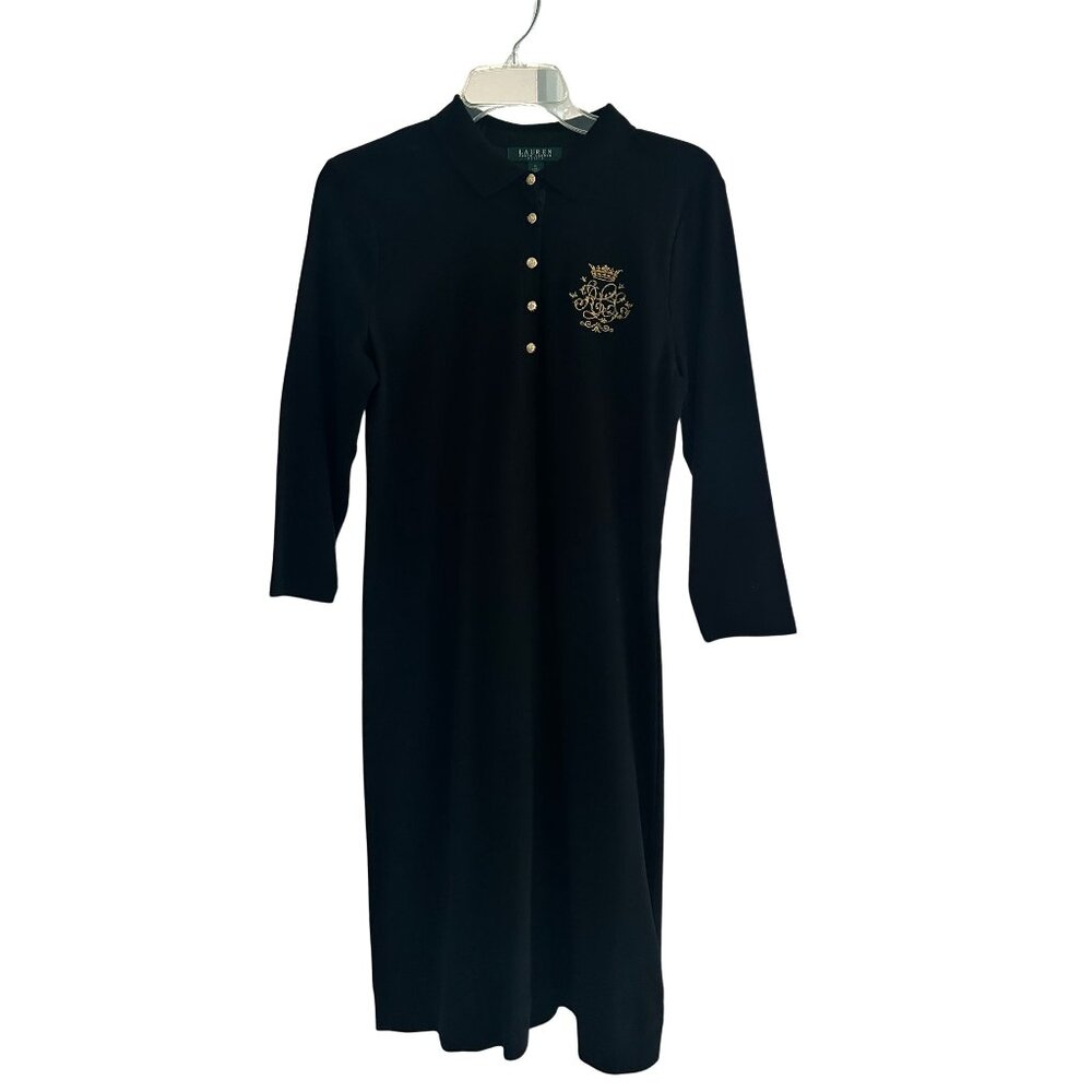 Lauren Ralph Lauren Crest Polo Dress Petite Small Black Gold Buttons